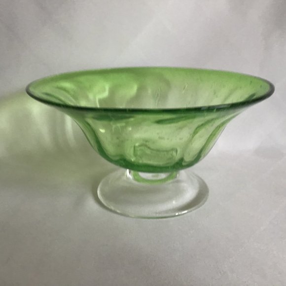 Hand Blown Art Glass Bubble Green glass Pedestal Bowl - Picture 2 of 9